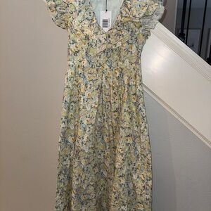 Floral Yellow Ruffle-Trim Casual Midi Dress